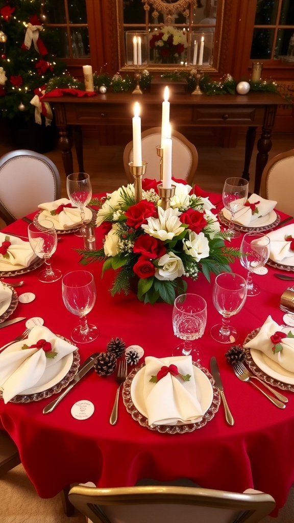 A round Christmas table elegantly set with a red tablecloth, floral centerpiece, candles, and festive decorations.